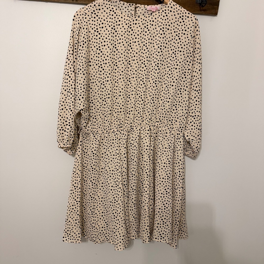 Pink Lily Polka Dot Mini Dress Cream Black Long Sleeve Elastic Waist XL